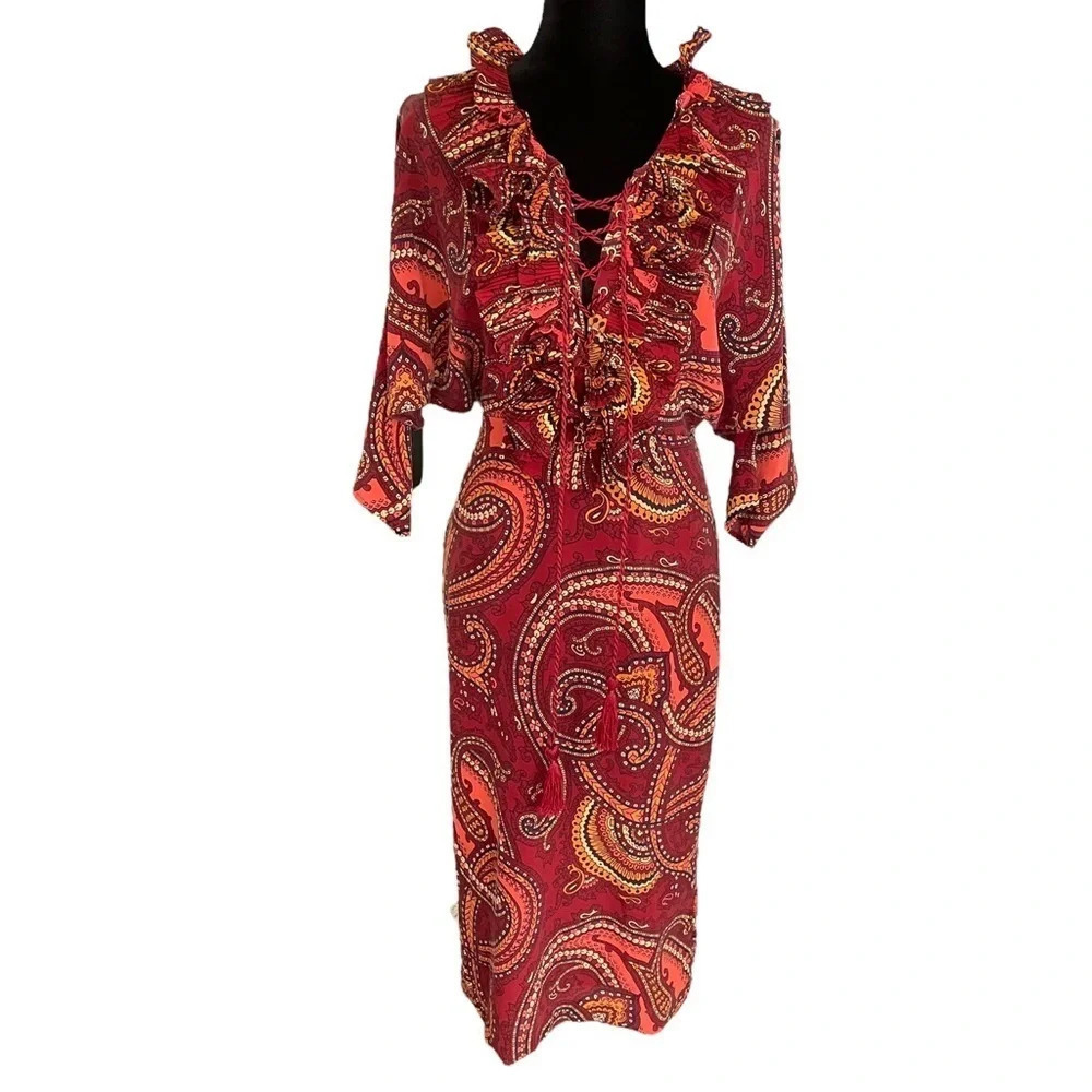 UTERQÜE Silk Bohemian Dress Batwings Paisley Print size Small
